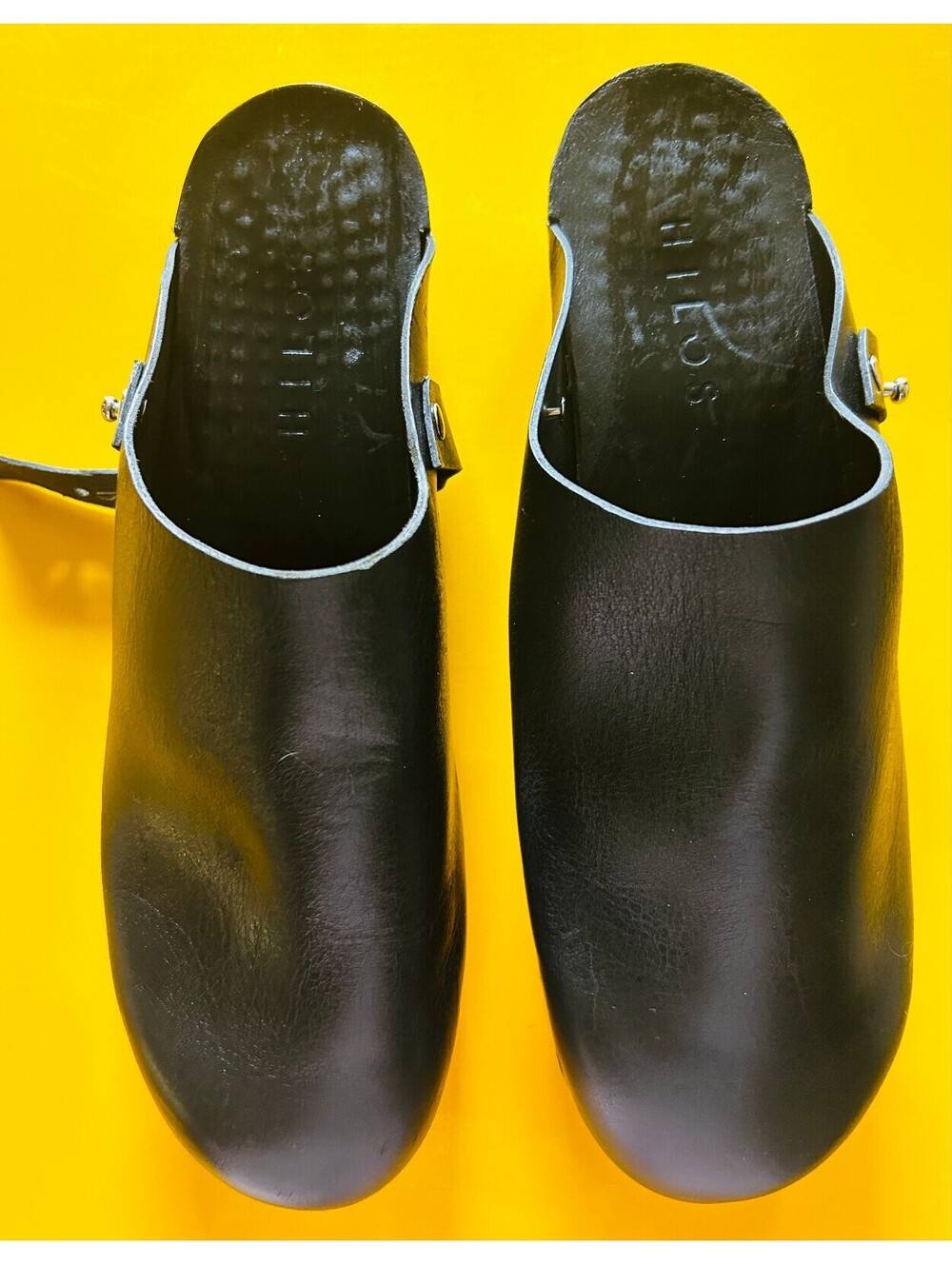 HILOS 3D Printed Sustainable Leather Clogs Black Wood Base Shoes Women Size 13